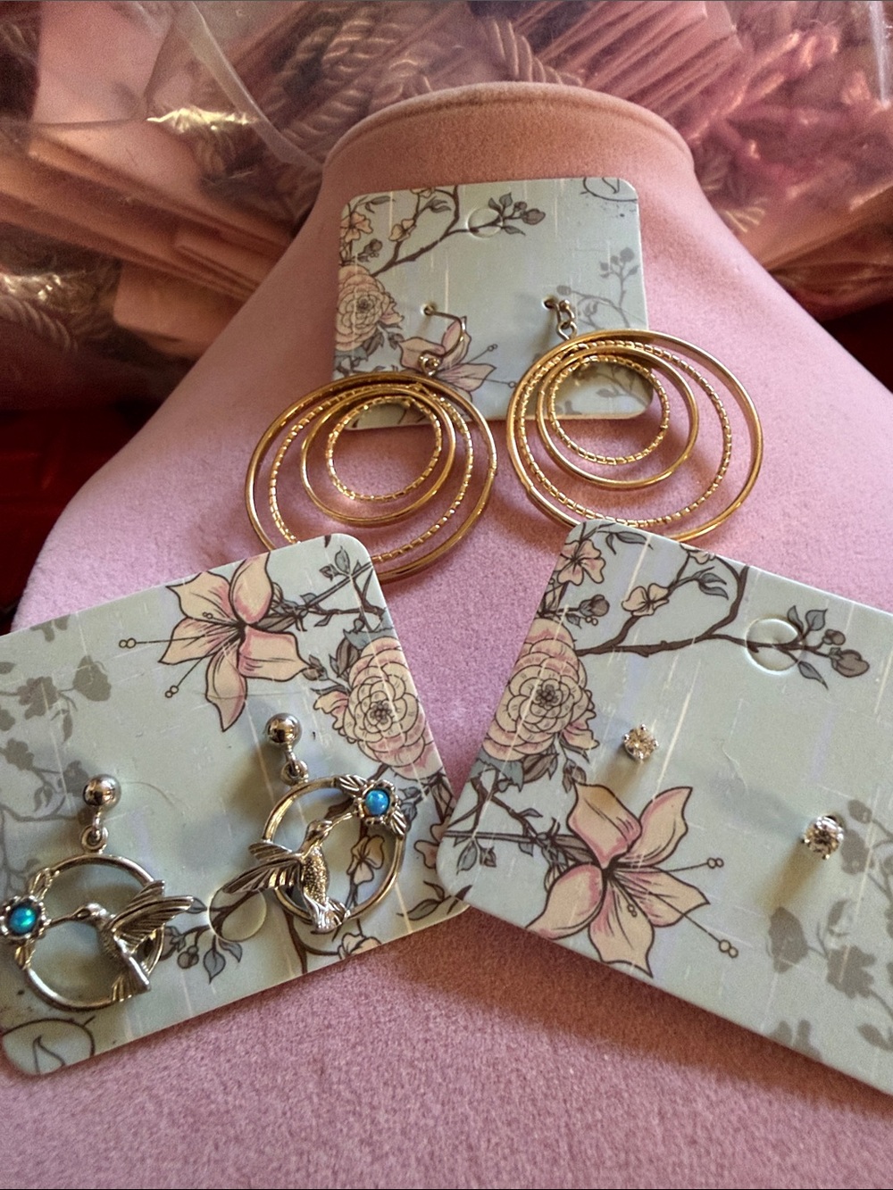 3 Pair Earrings, 2 Studs Silver Tone & 1 Hook Gold Tone Hoops (J0266)